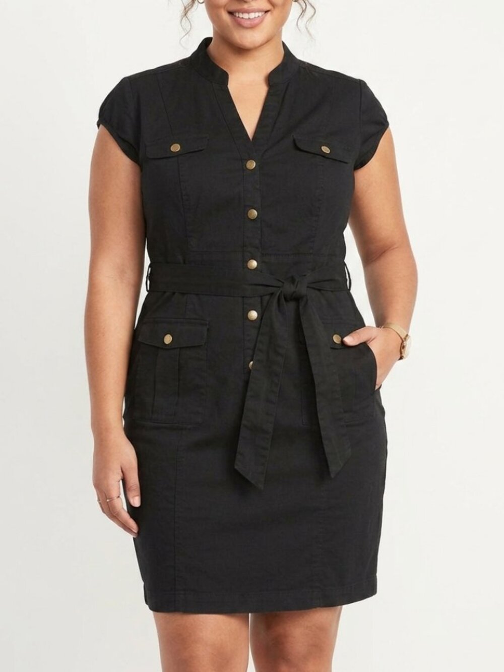 Sleeveless Black Tie-Waist Mini Dress with Gold Buttons